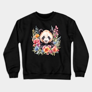 A panda bear decorated with beautiful watercolor flowers Crewneck Sweatshirt